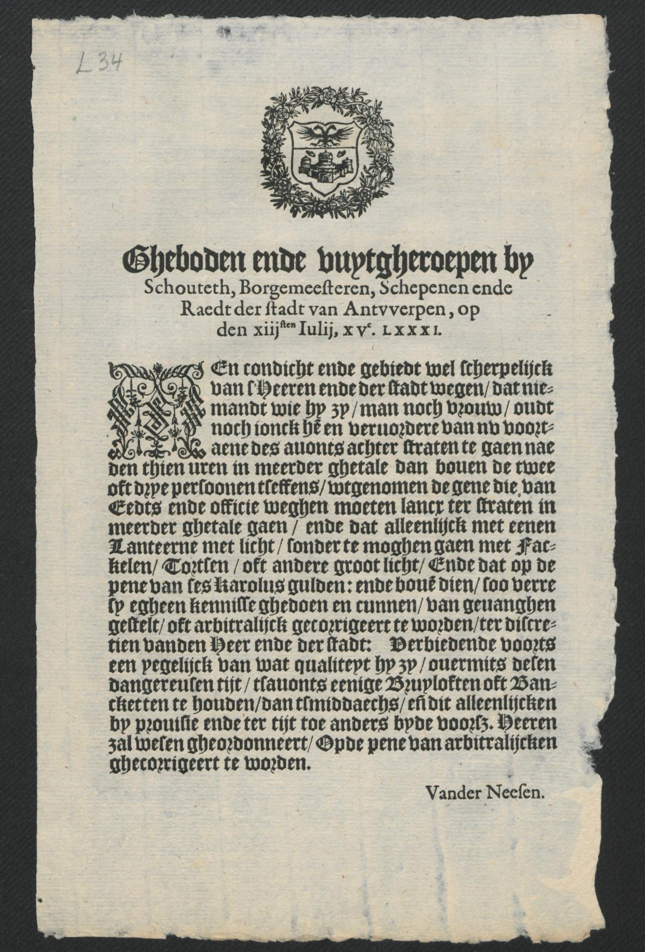 13 juli 1581, Christoffel Plantijn, Antwerpen Nr. A 1844/ 58, L 34 (45 kopies)