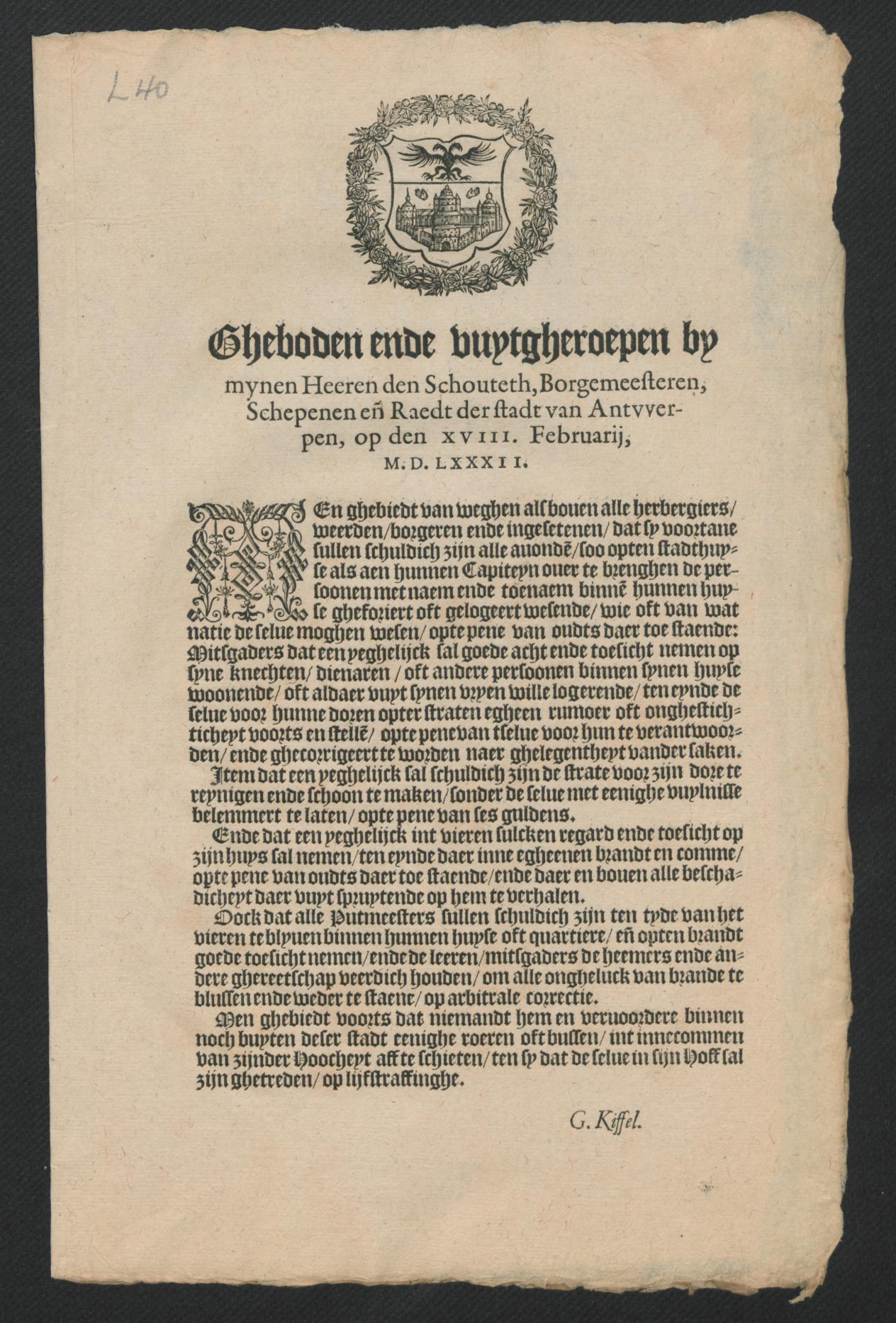 18 februari 1582, Christoffel Plantijn, Antwerpen Nr. A 1844/76, L 40 (107 kopies)