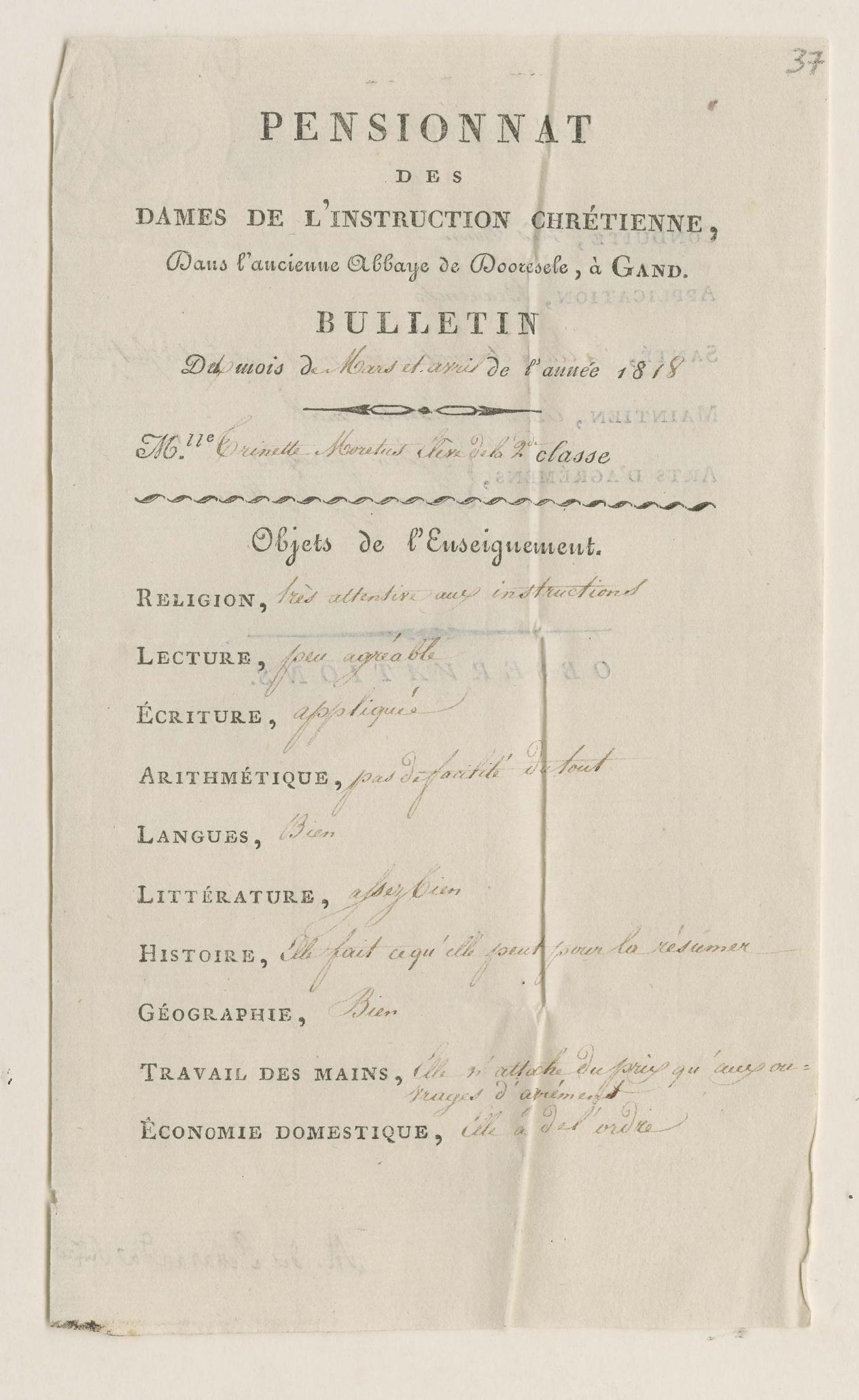Schoolrapport van Trinette Moretus van het pensionaat van de Dames de l’Instruction Chrétienne, april – mei 1818 (MPM Arch. 1454, stuk 37)