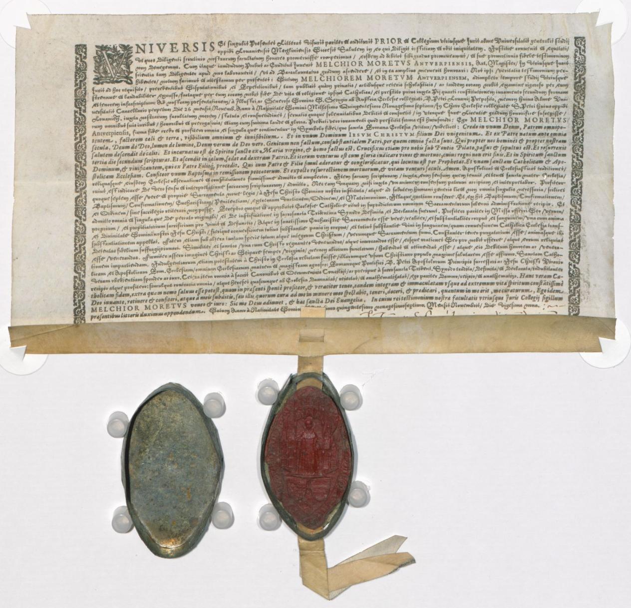Diploma van baccalaureaat in de beide rechten uitgereikt door de Universiteit van Leuven aan Melchior Moretus, 1597 (MPM Arch. 1186, stuk 1)