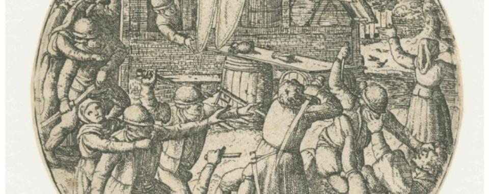Vechtende boeren voor een herberg, Hans Bol, 1550-1593, PK.OP.00068