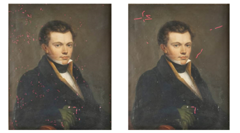 Twee versies van een zelfportret naast elkaar waarbij er op de ene versie de beschadigingen zijn aangeduid