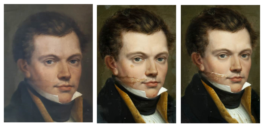 Drie versies van een geschilderd portret met lichte kleurverschillen